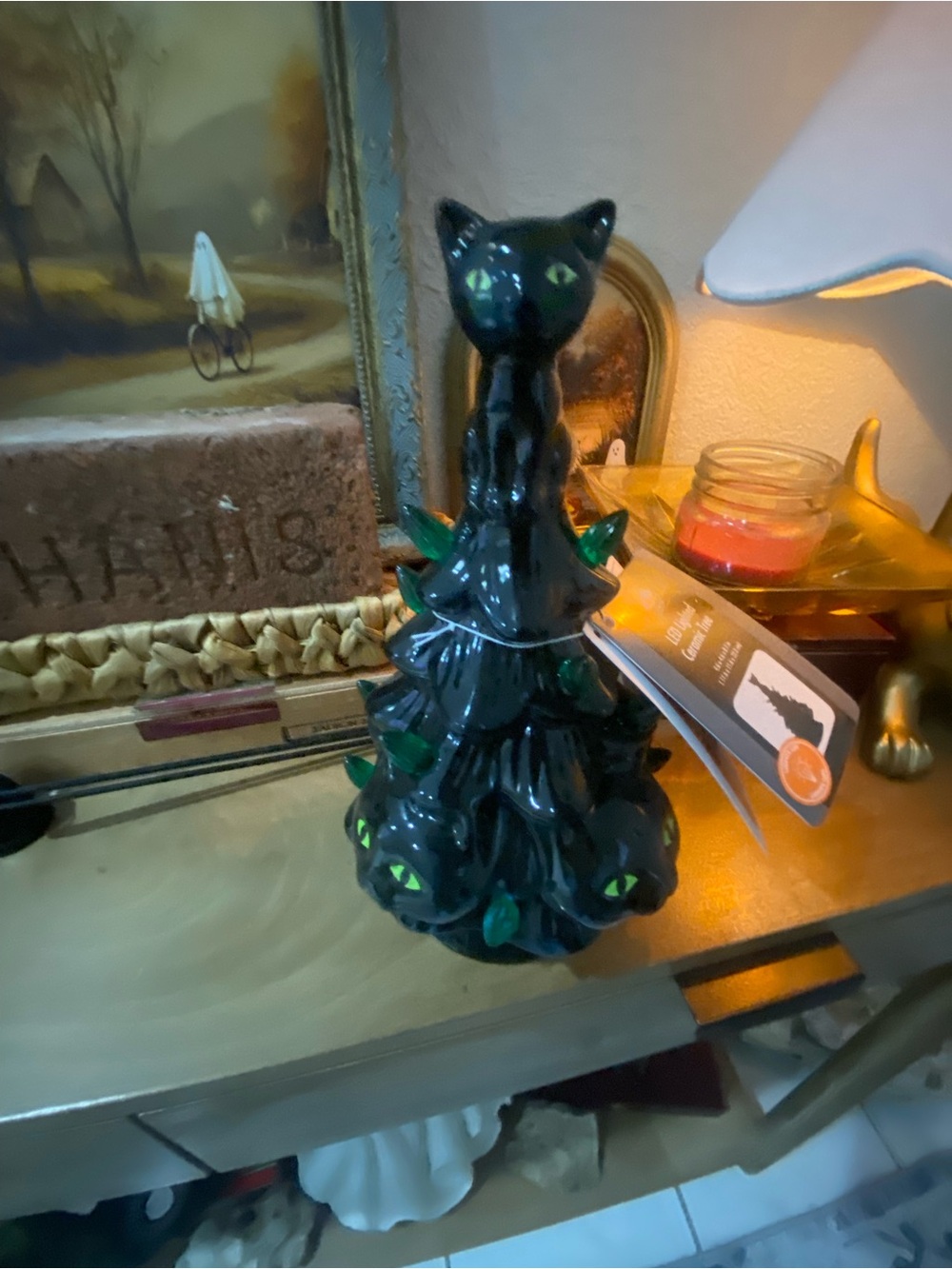 Glazed Ceramic Black Christmas Tree with Green Lights